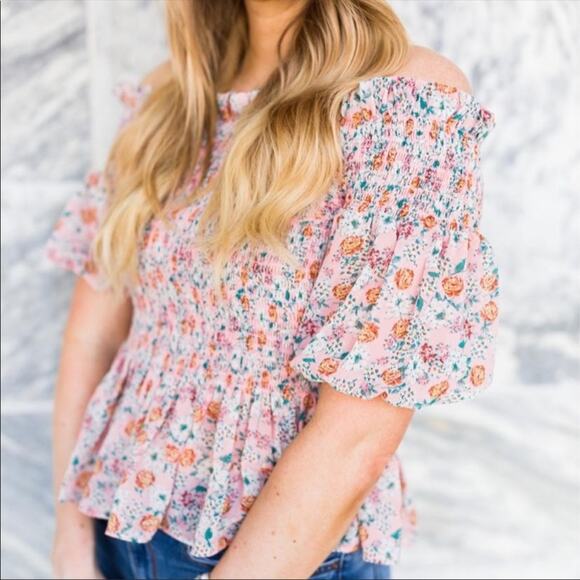 Socialite Ruched Peplum Waist Floral Off Shoulder - Picture 2 of 12